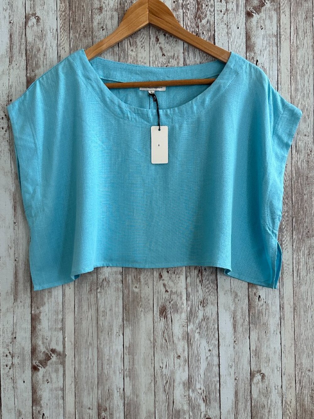 Hunter & Brown Women's Oversized Boxy Cropped Top sz Large Blue Jet Lagged Rayon
